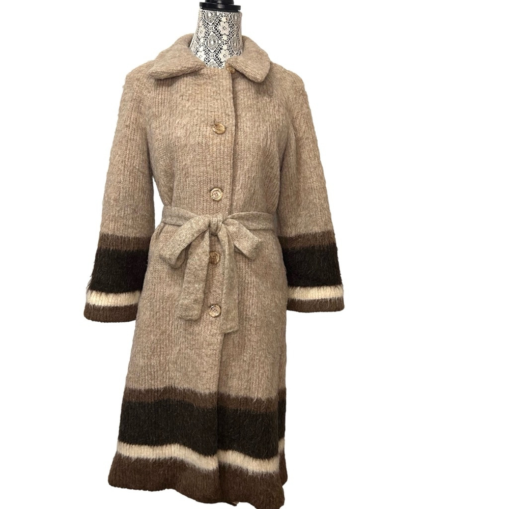 Women's vintage 70s Hilda Ltd Icelandic wool belted buttoned Coat L Beige Brown